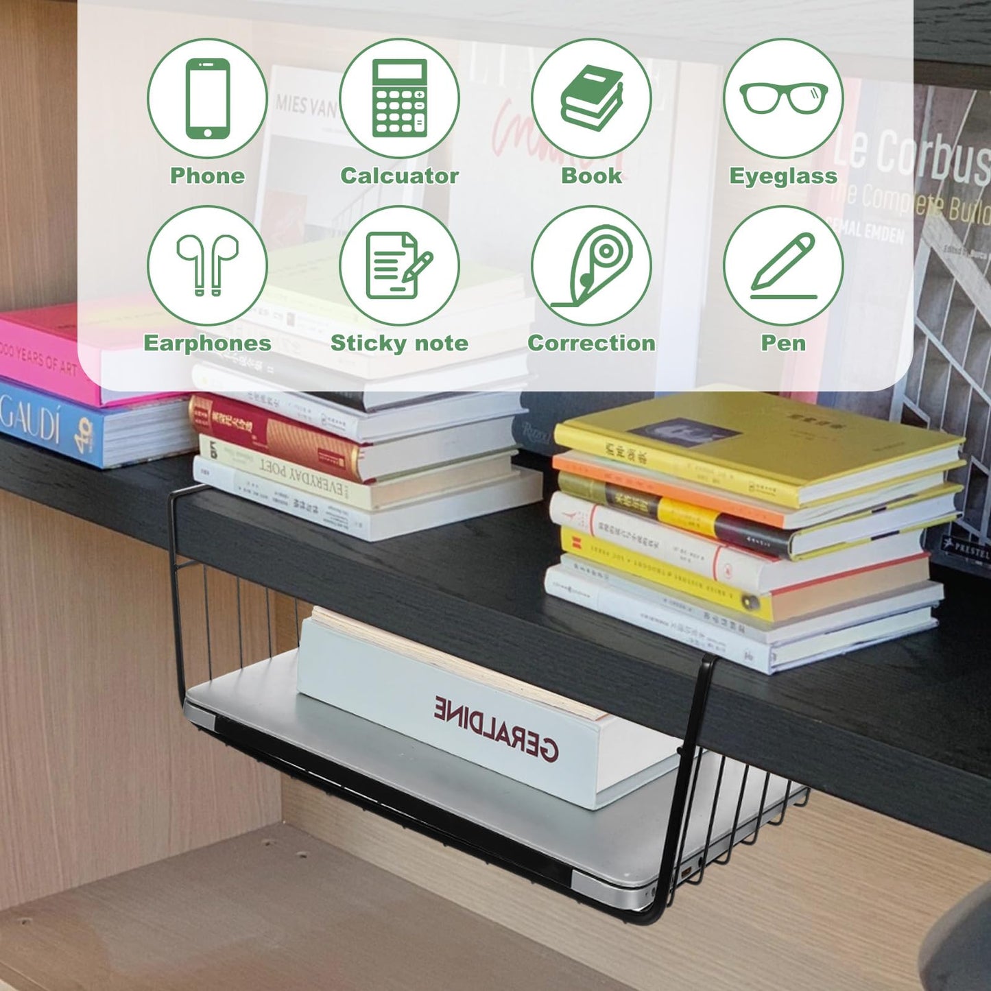 6 Pcs Undershelf Storage Basket Under Shelf Wire Basket Household Metal Under Shelf Hanging Storage Bin Basket Slides Under Shelves for Kitchen Pantry Bookshelf - 14.2" D x 9.1" W x 5.5" H, Black