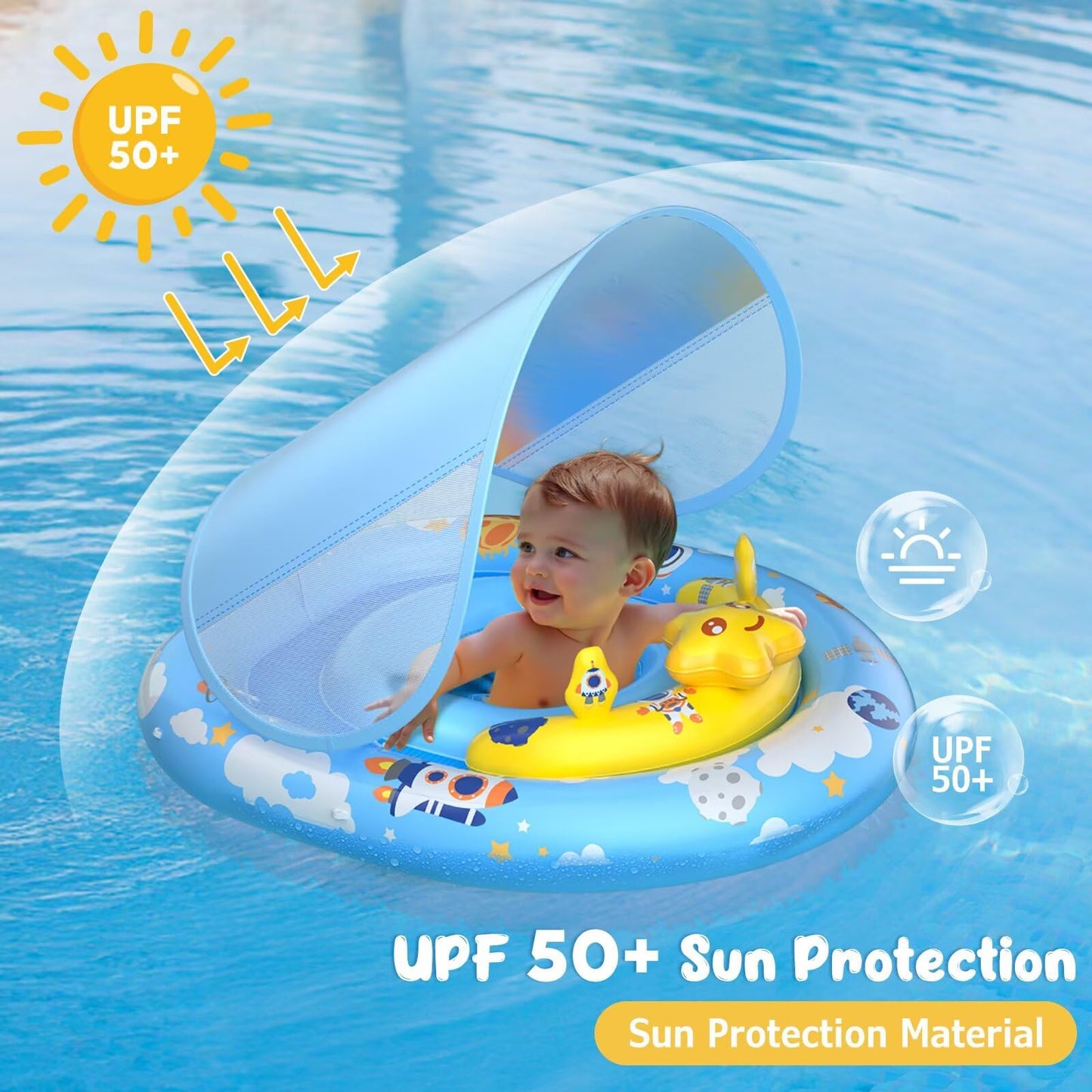 WayEee Baby Pool Float with UPF50+ Canopy - Inflatable Swim Float, Adjustable Safety Seat, Toy Play Console, Sun Protection for Baby 6-36 Months, Infant, Todder Summer Gift, Pool, Bathtub, Beach, Blue