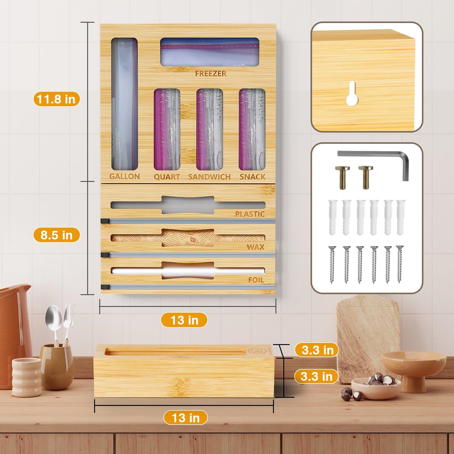 DALSHABET 9 IN1 Bamboo Storage Bag Drawer Organizer with Cutter, Foil and Plastic Wrap Dispenser for Kitchen Storage Compatible with All Brands Gallon, Quart, Sandwich & Snack Size Bags - Beige