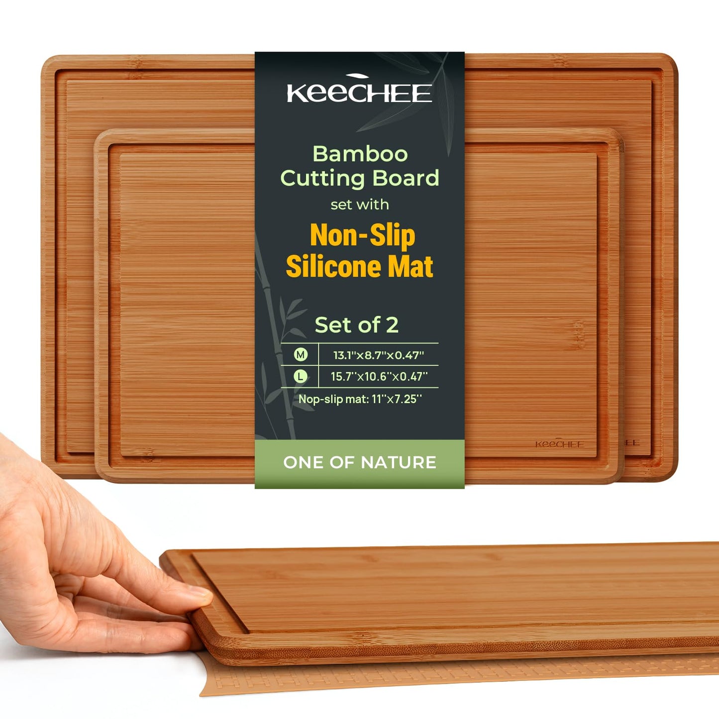 Keechee 2Pcs Cutting Board Set with Non-slip Mat, Bamboo Cutting Boards for Kitchen Meal Prep & Serving - Wood Serving Board Sets with Deep Juice Groove Ideal Kitchen Gifts