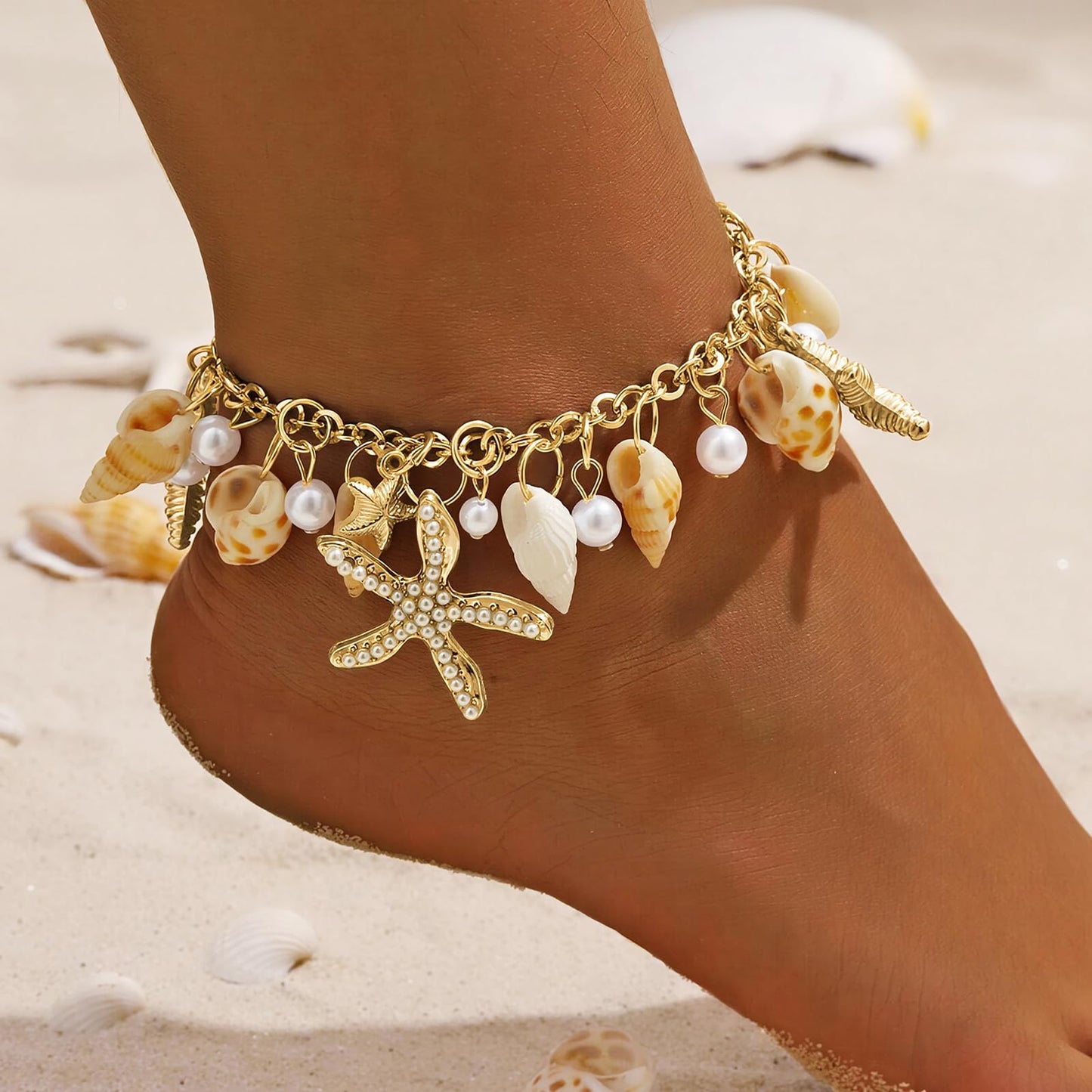 Qceasiy Shell Ankle Bracelet Set for Women, Gold Plated Boho Bead Adjustable Anklet, Hawaiian Beach Seashell Pearl Heart Starfish Conch Foot Jewelry Gifts (Conch Starfish1)