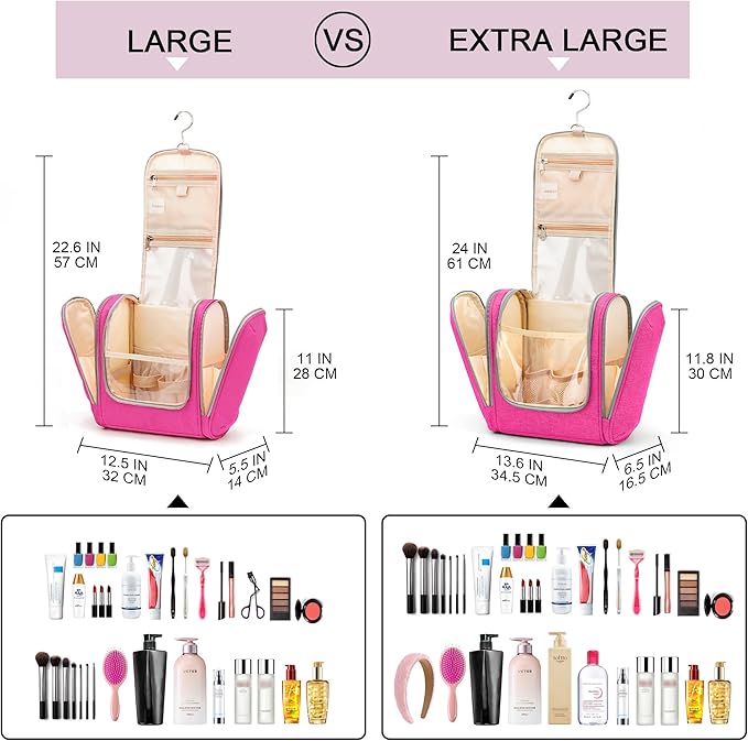 Extra Large Toiletry Bag for Women and Men, 6 Organizer Compartments, Holds Full Size Shampoo, with Hanging Hook Cosmetic Bag, Travel Makeup Bag, Bathroom Water-resistant Toiletries Bag, Rose Red