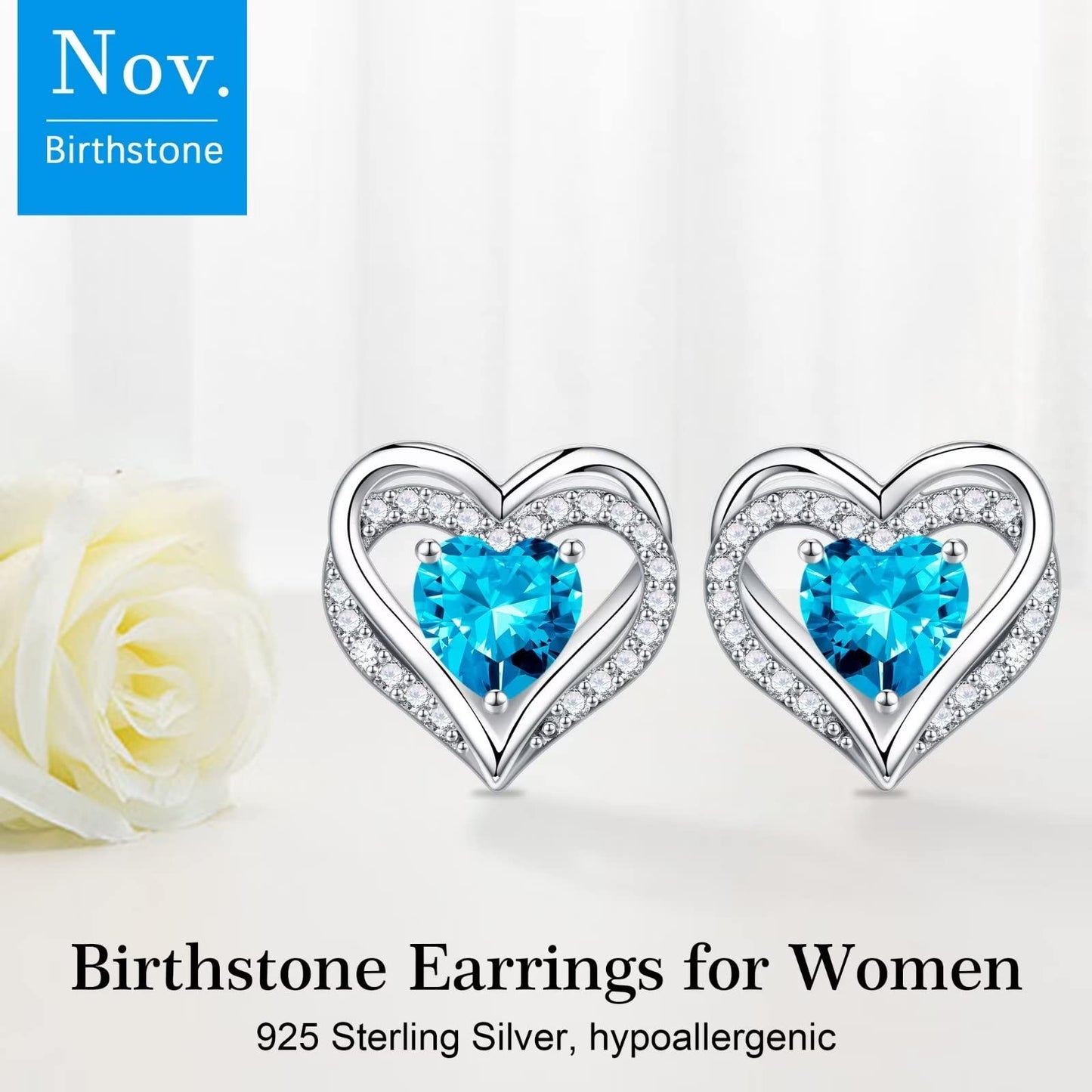 Iefil Earrings for Women, 925 Sterling Silver November Birthstone Blue Topaz Heart Stud Earrings for Women