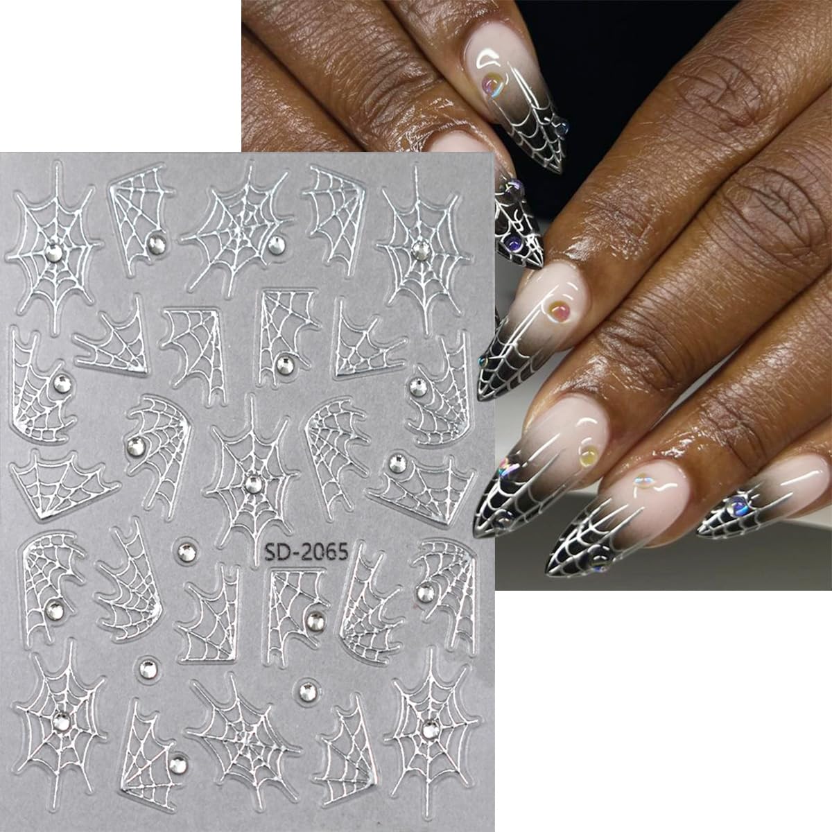 2 Sheets Halloween Nail Stickers for Nail Art 5D Embossed Self-Adhesive Spider Web Nail Art Stickers Black Silver Gold Glitter Spider Web with Diamond Nail Design Halloween Nail Decals for Women Nails