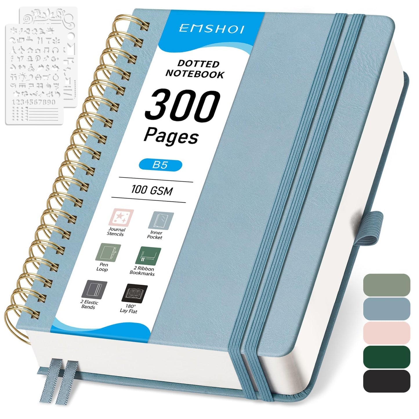 EMSHOI Dotted Journal Spiral Notebook - 300 Pages, B5 Hardcover Leather, 100 GSM Thick Dot Grid Notebook for Women Men Work Writing, Journaling, Drawing, 7.48" x 10.15", Gray Blue