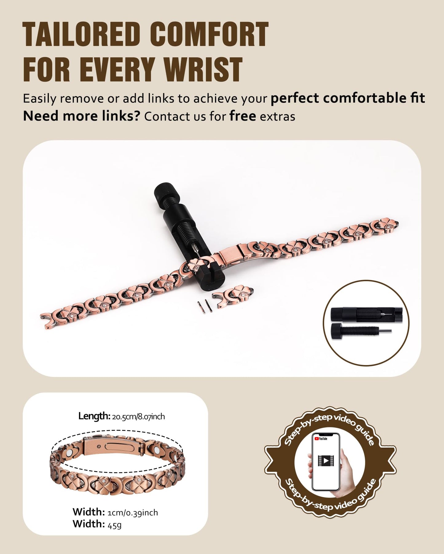 Jecanori Magnetic Copper Bracelet for Women — 3500 Gauss Magnets — Premium Fold-Over Clasp & Adjustable Length,Copper