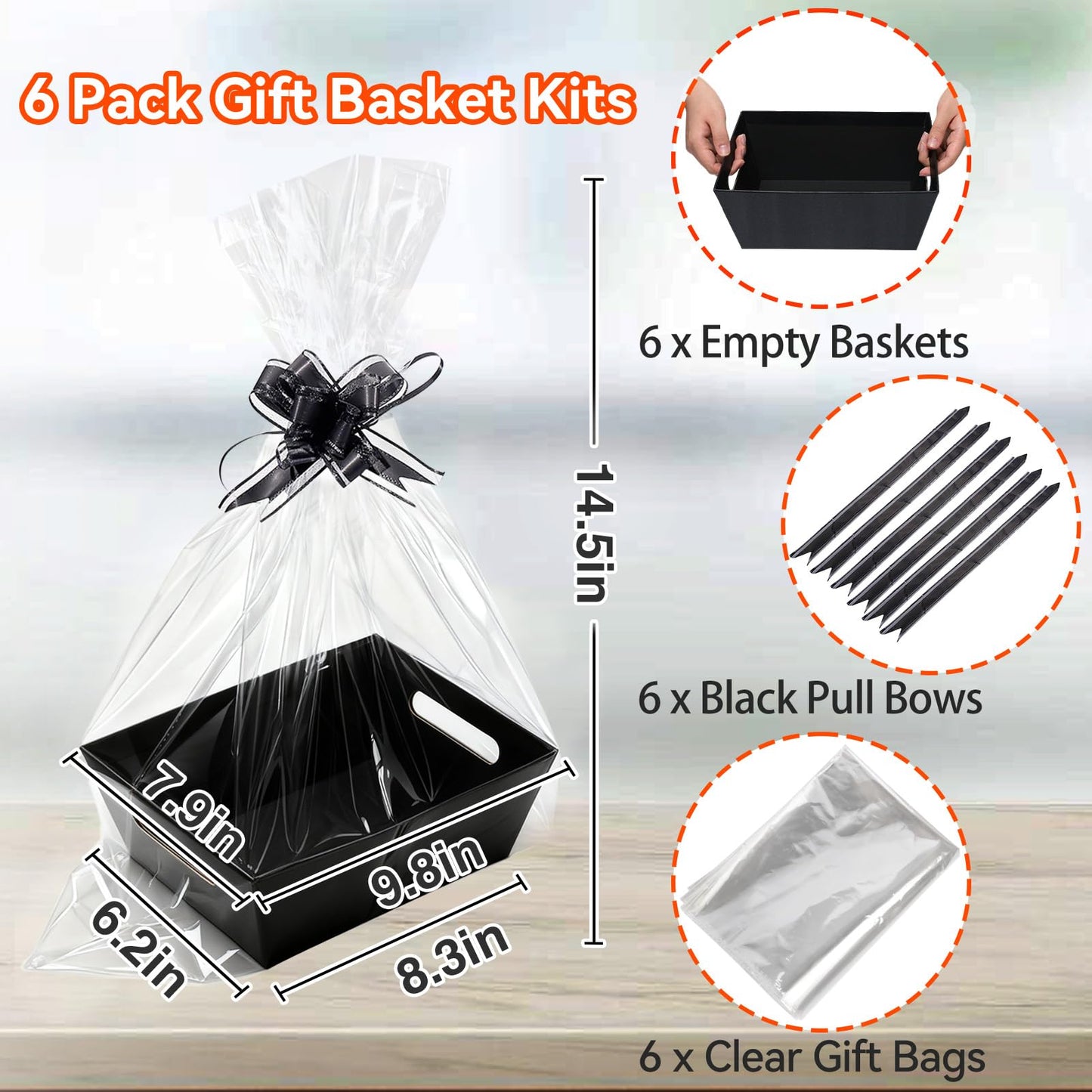 MADHOLLY 6 Set Baskets for Gifts Empty - Sturdy Kraft Gift Basket Kit with Cellophane Wrap Pull Bows for Men, Father’s Day, Career Promotion, Birthday Gift Wrapping, Black