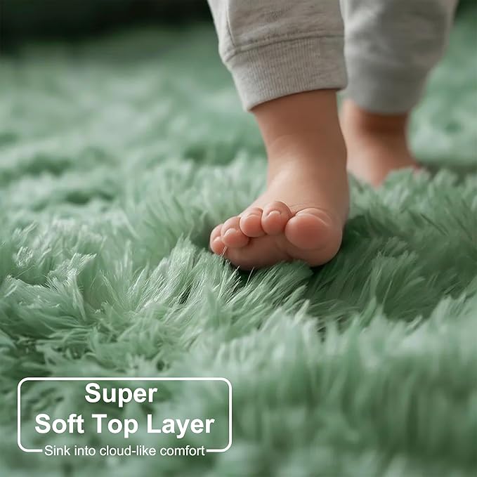 Amdrebio Sage Green Round Rugs 5Ft for Bedroom, Fluffy Furry Circle Rug for Nursery, Baby Kids Room Decor, Cute Shaggy Area Rugs for Preppy Dorm, Teen Girls Boys, Fuzzy Indoor Light Mint Green Carpet