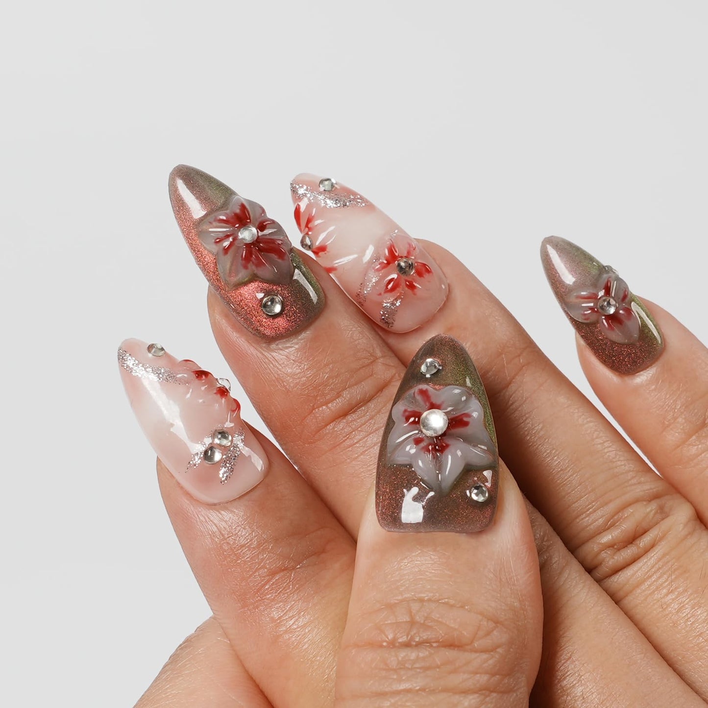 Tesytto Handmade Floral Press on Nails - Medium Almond 3D Embossed Rhinestones & Red Ombre, Thick Acrylic Gel Nails for Parties, Valentine's Day (Evil Flower,M)