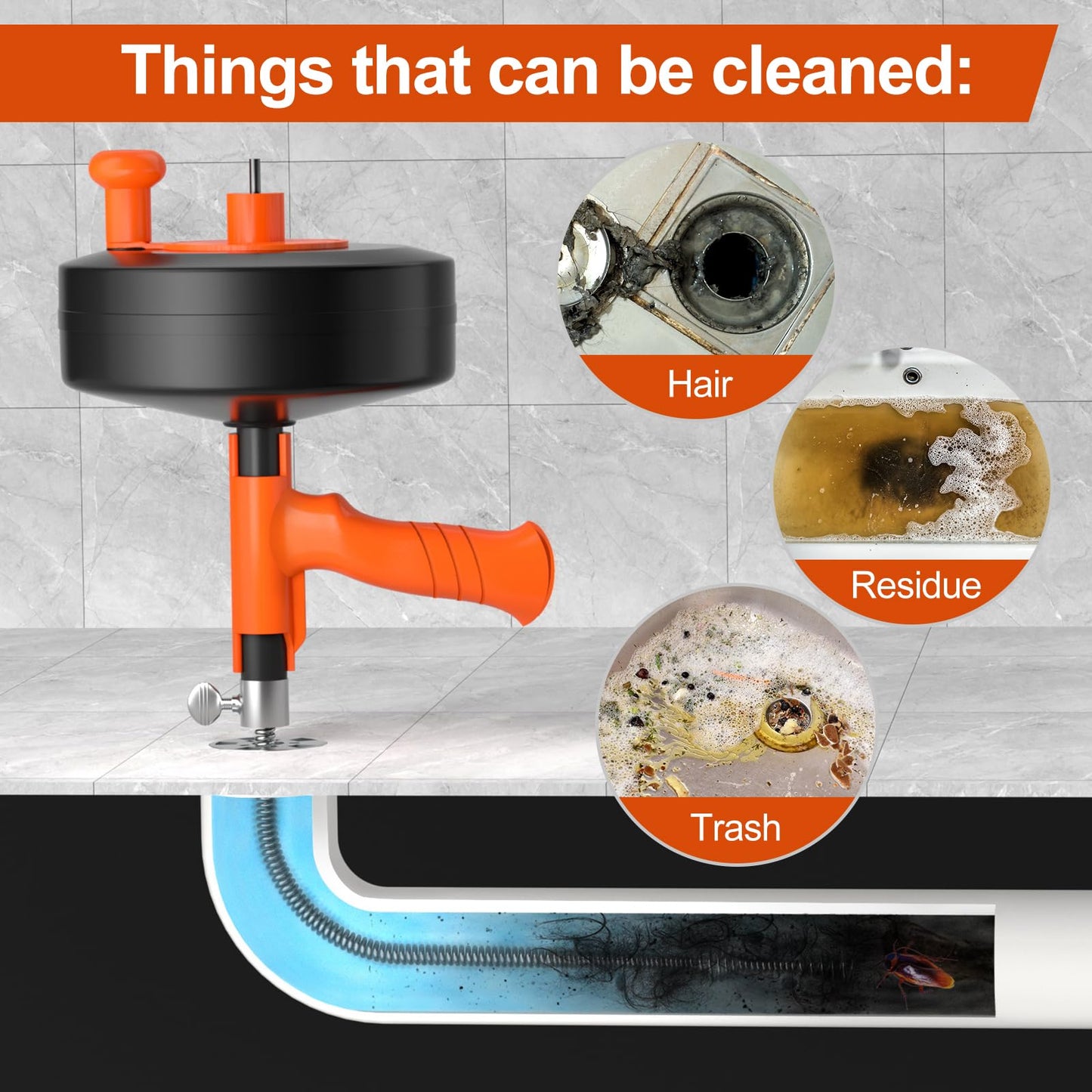 KINGLEV Drain Snake, 50ft Flexible Steel Drain Auger With Drill Adapter, Heavy Duty Sink Plumbing Unblocking Hand Auger, Manual Or Powered for Shower & Bathtub Clogs-No auto retract or feed