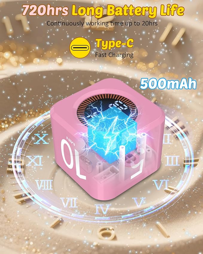 Pomodoro Timer Cube Visual Productivity Flip Timer for Kids Classroom Desk, 5/10/25/50min&Custom Countdown, Silent&Sound Mode Digital Cube for ADHD Study Work School Game Kitchen (Pink)