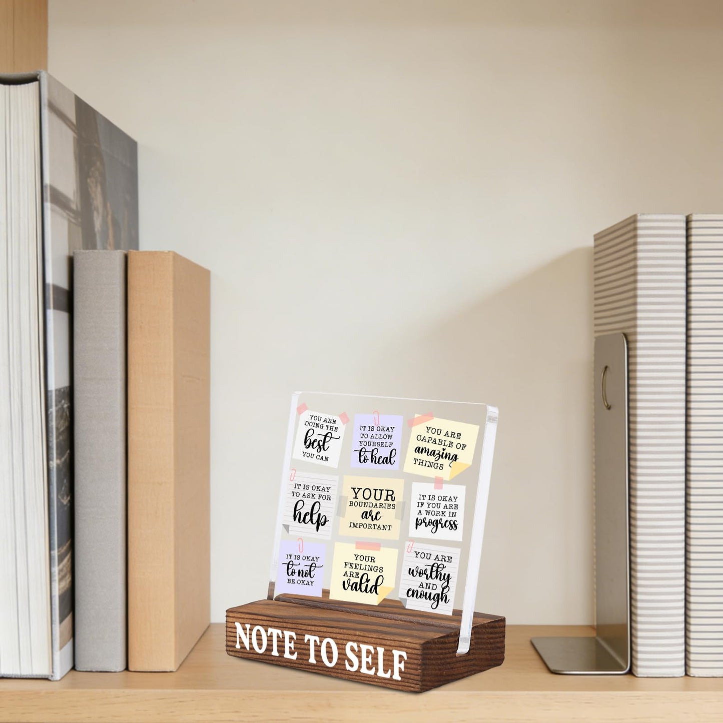 Inspirational Desk Decor with Positive Self Reminder, Acrylic Note Style Sign with Rustic Wood Base, Encouragement Gift for Home Office Coworker Friend SNOTE10