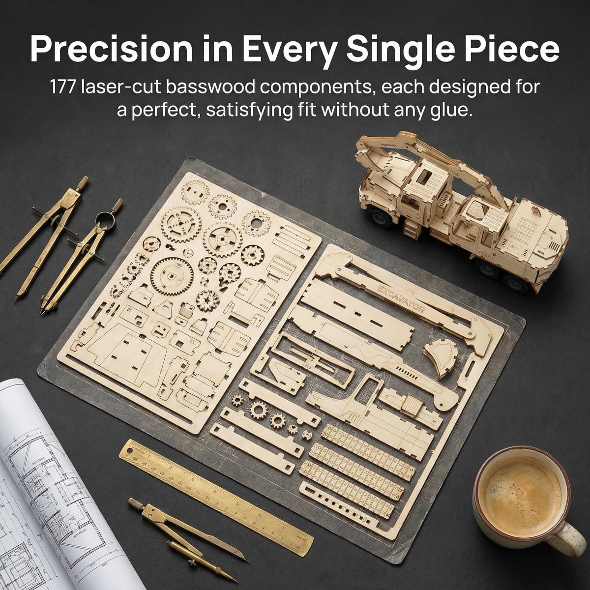 Adult 3D Wooden Excavator Assembly Kit, DIY Wind-Up Mechanical Model Building Set, Educational STEM Puzzle Desktop Toy, Ideal as a Birthday Gift or Decorative Display for Teens Aged 14 and Up.