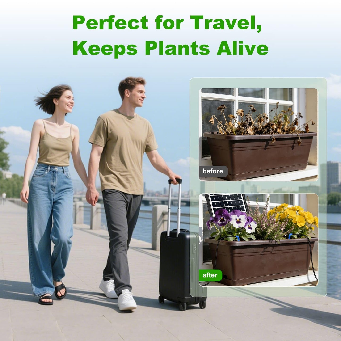 Solar Automatic Drip Irrigation Kit System, 50FT Solar Powered Auto Easy DIY Watering Device Supported Pots Plants, 6 Timing Modes with Anti-Siphoning Device