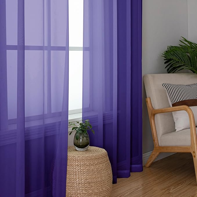 Simplebrand Purple Sheer Curtains 63 Inch Length 2 Panels, Rod Pocket Solid Color Window Sheer Curtain Panels, Elegant Curtains & Drapes for Living Room, Bedroom (Purple, 42" W x 63" L)