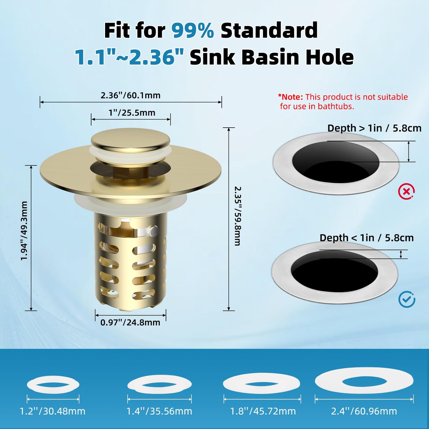 Upgraded Bathroom Sink Drain Strainer Hair Catcher 2PCS Universal 3 in 1 Pop-up Sink Stopper, Fit for 1.1''~2.36'' Basin Hole, with Detachable Stainless Steel Filter Basket, Brushed Gold