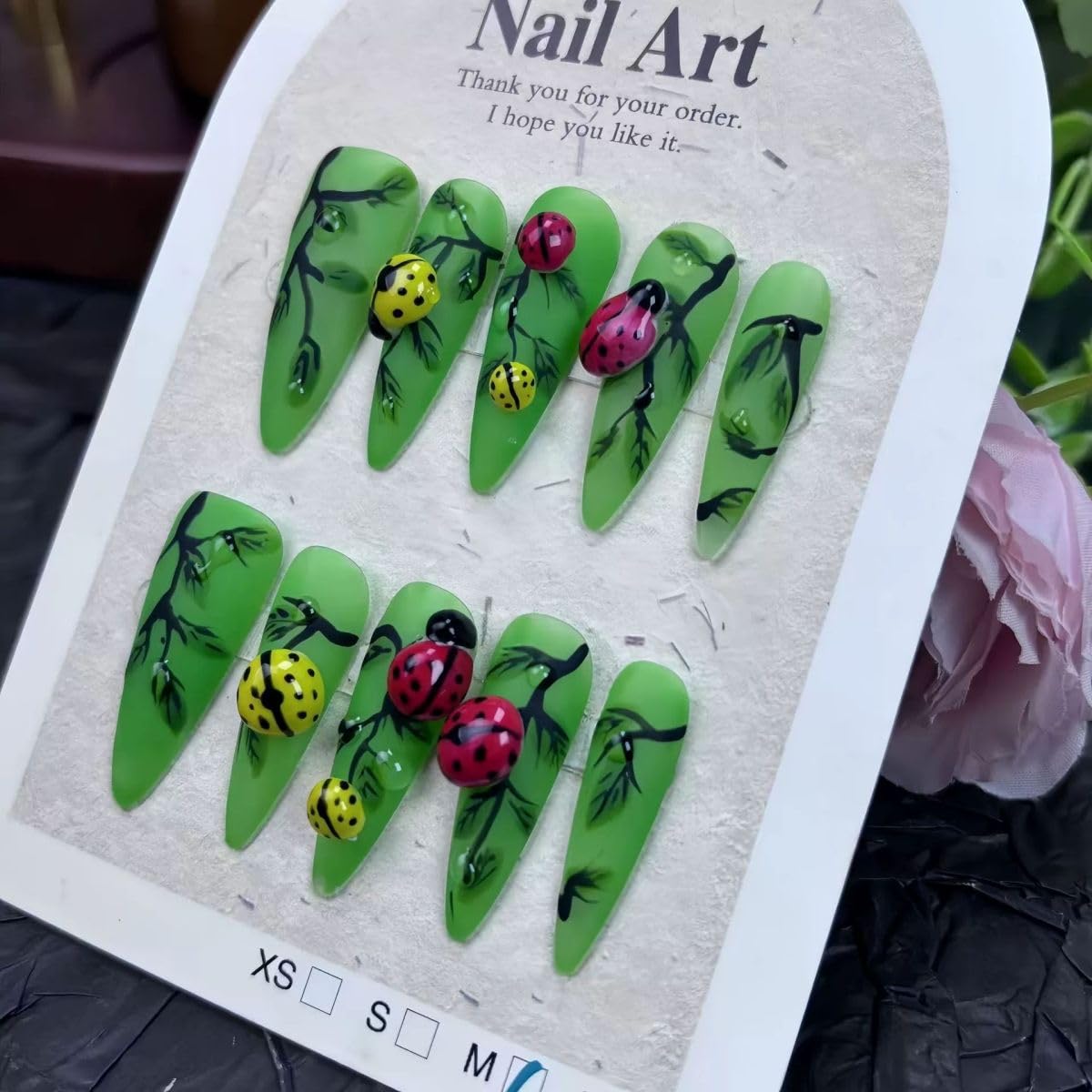 Threelegscat Green Handmade Press on Nails Long Acrylic Nails with Leaves and Insects Pattern Designs for Women and Girls Size L 10pcs