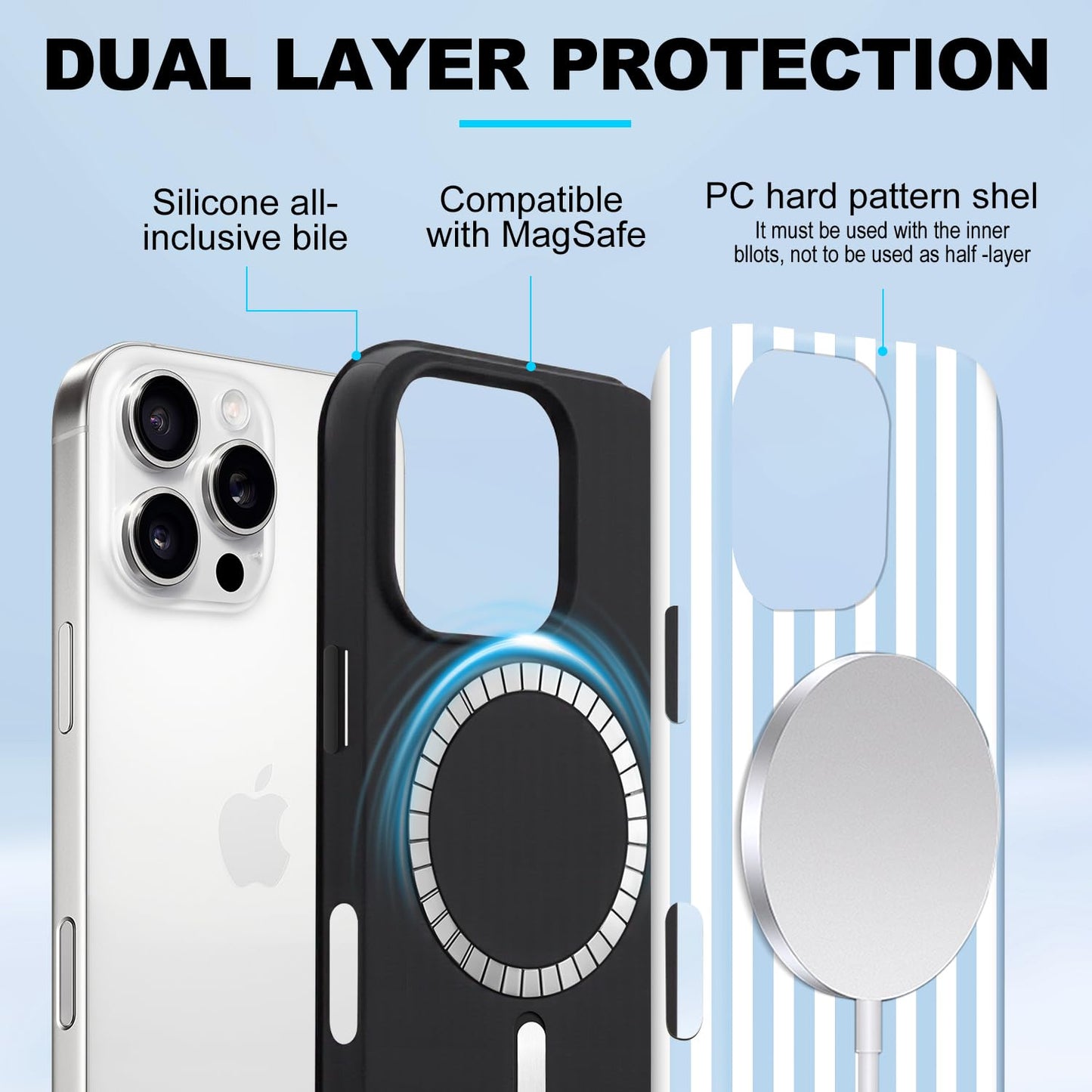 flewfun Magnetic for iPhone 16 Pro Max Case Cute Stripes Phone Case, Shockproof Slim TPU and Hard PC Protective Phone Cover Compatible with MagSafe Designed for Women Girls, Blue and White