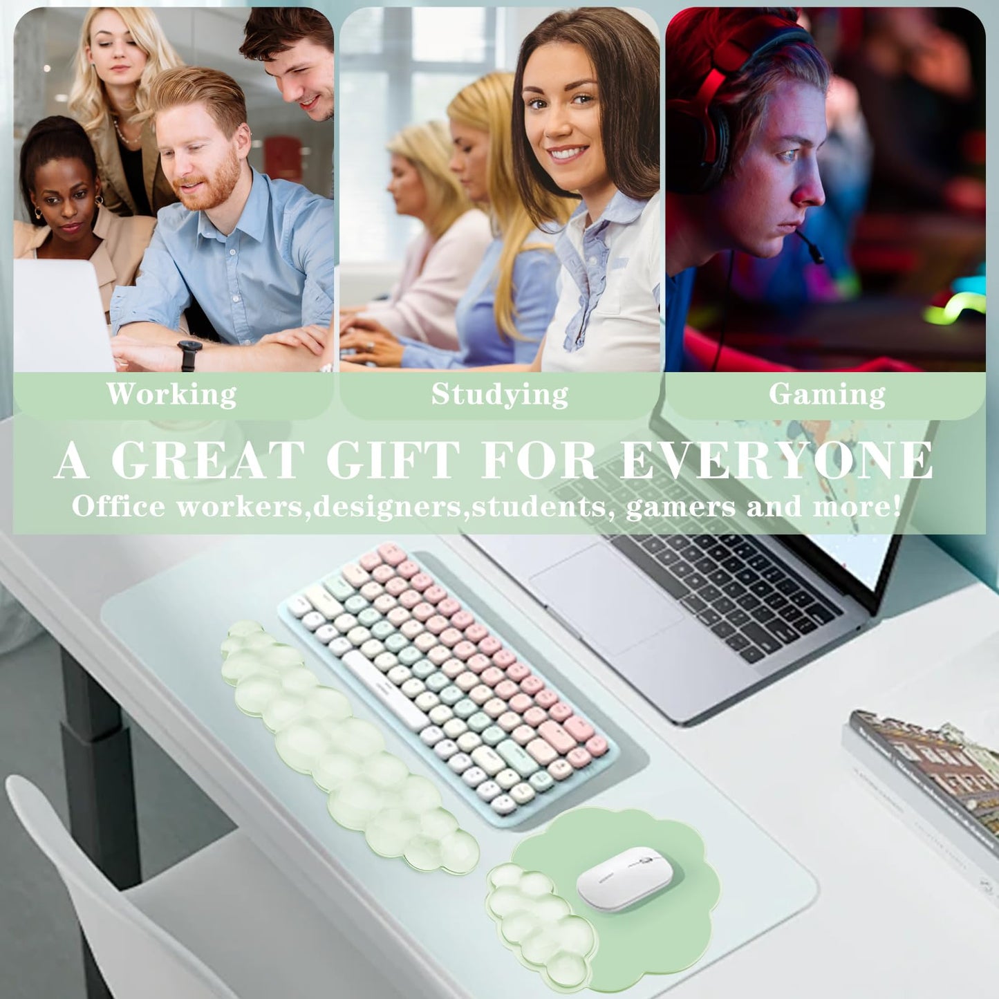 Gel Cloud Keyboard and Mouse Wrist Rest, Cute Wrist Support and Arm Support Rest for Typing Pain Relief，Suitable for Office/Computer/Laptop/Gaming Set-Green