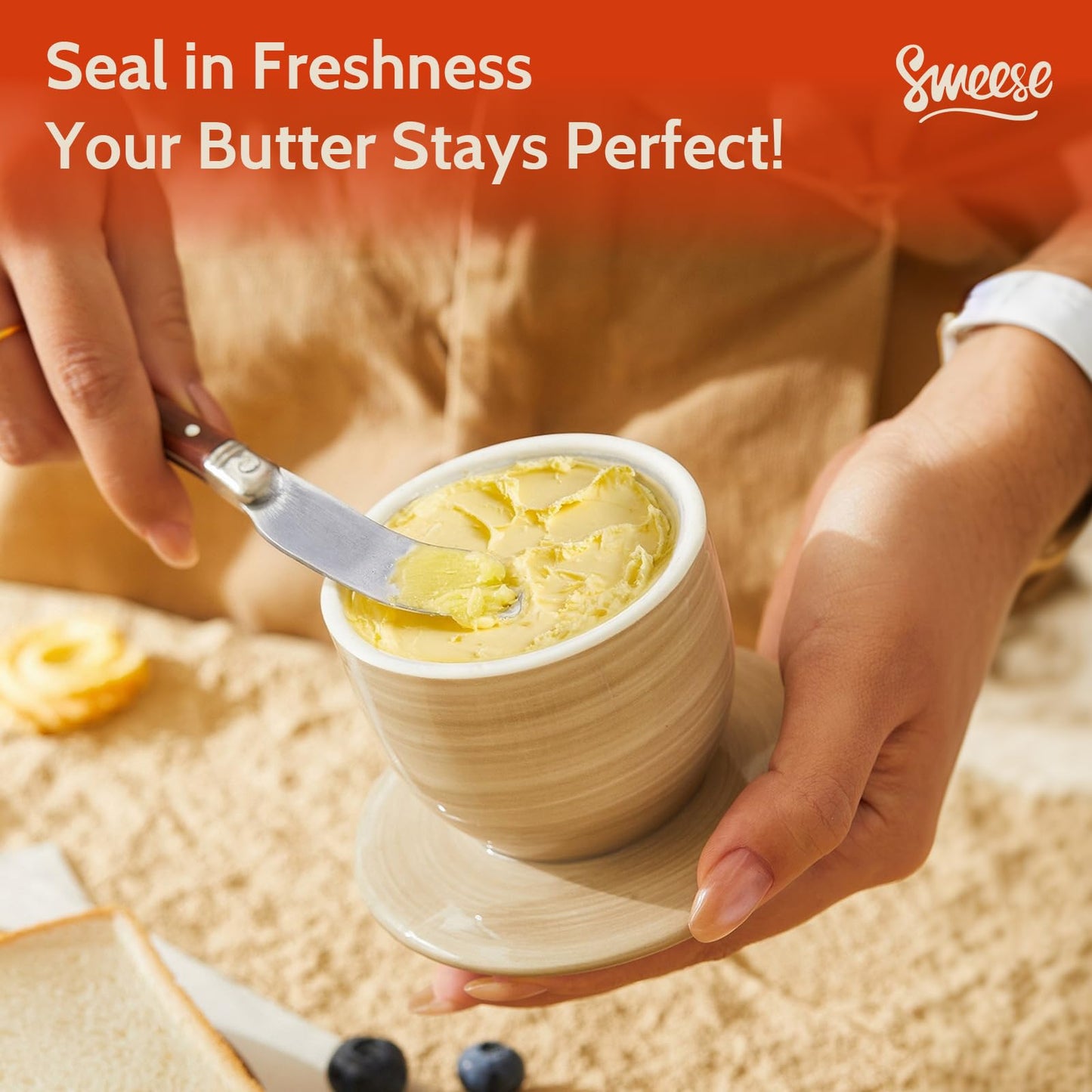 Sweese Hand-Painted Butter Crock with Water – French Butter Keeper Crock with Lid for Countertop, Artistic Design, Dishwasher & Microwave Safe, Gift-Ready-Light Grey