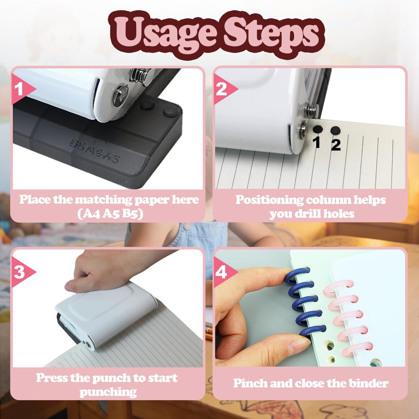 10 Hole Punch Binding Machine for Planners, Manual Paper Puncher for DIY Loose Leaf Notebooks, Includes 18 Colorful Binder Rings, Perfect for A4/A5/B5 DIY Scrapbooking, White