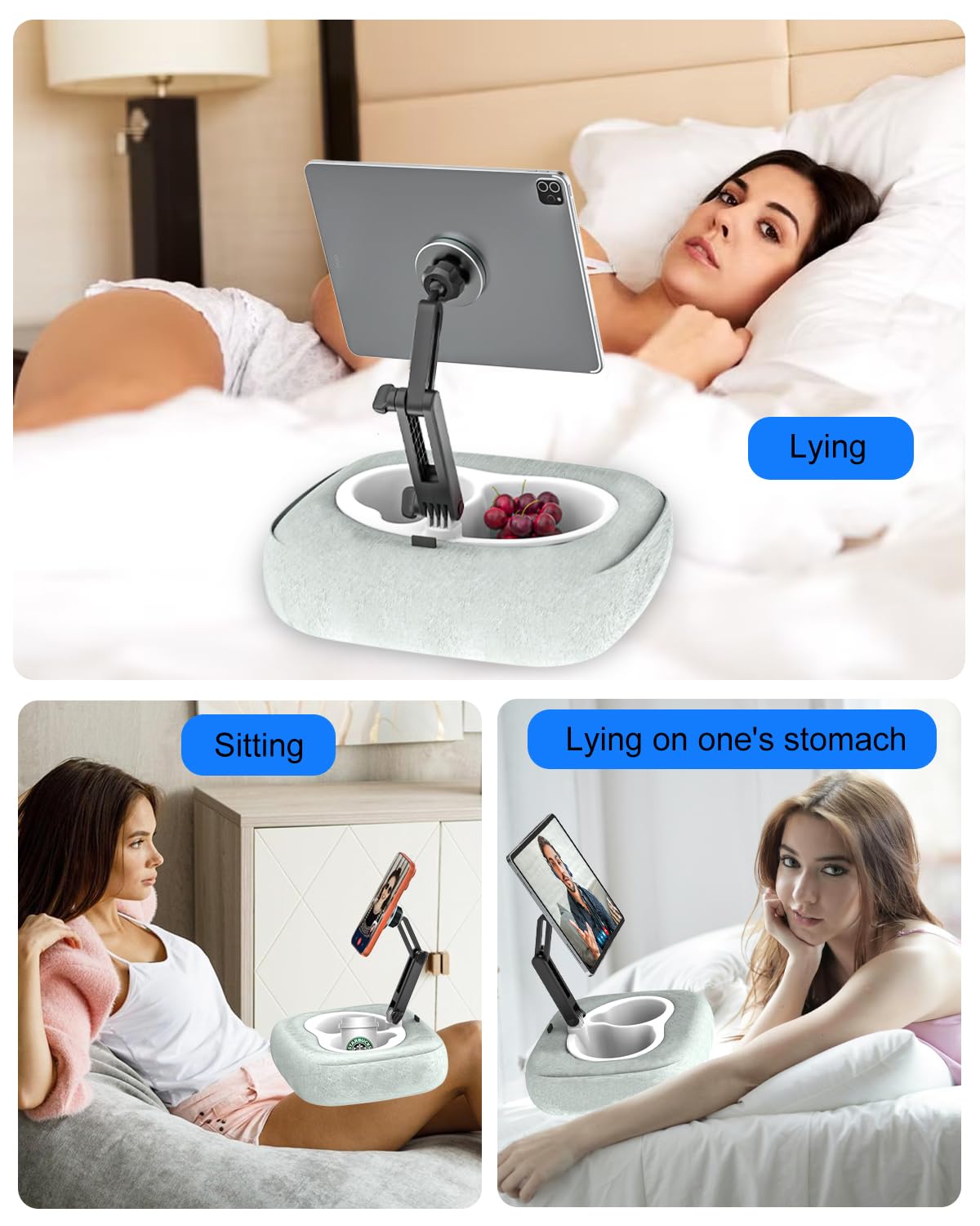 Cuxwill Magnetic Tablet Pillow Stand for iPad, iPhone [Strong Magnet & Cozy Skin-Friendly ] Phone Pillow Stand for Lap/Bed/Couch/Desk, Fits 4-13" iPad, Kindle, Galaxy Tab, Phone, with 3 Magnetic Rings