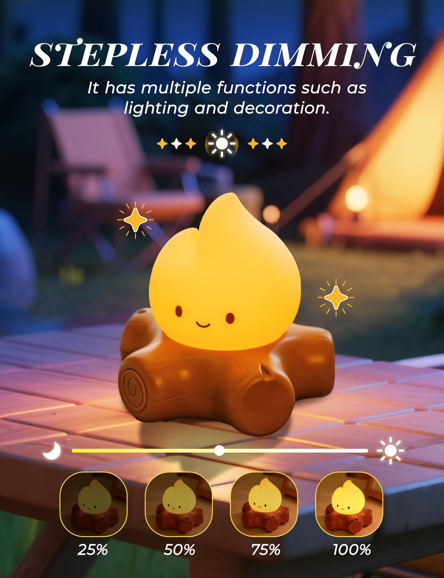 BANDIANCY Chibi Campfire Night Light, Silicone, LED Flickering Flame Lights, Dimmable, Rechargeable Bedside Nightlight, Anime Kawaii Lamp Décor