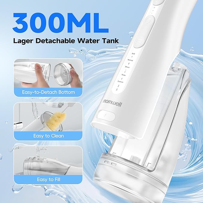 Mornwell Water Dental Flosser Cordless for Teeth Cleaning, 5 Modes Waterproof Oral Irrigator, 300ML Rechargeable Gum Braces Flossers Cleaner, Portable Electric Flossing Machine for Travel Home (White)