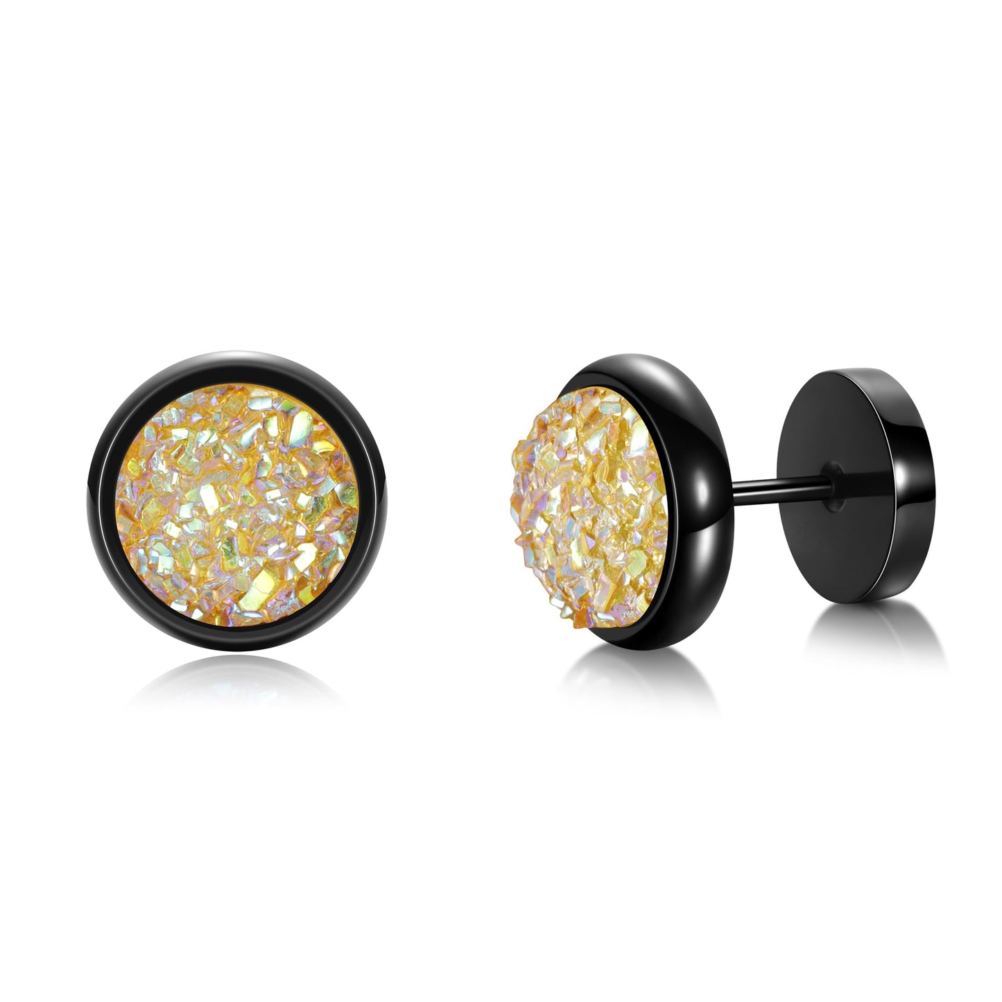 VOLUKA Crystal Stone Stud Earrings Flat Back Non-Nickel Titanium Stainless Steel Hypoallergenic Cartilage Earrings Stud for Sensitive Ears Women Men(Yellow-black)