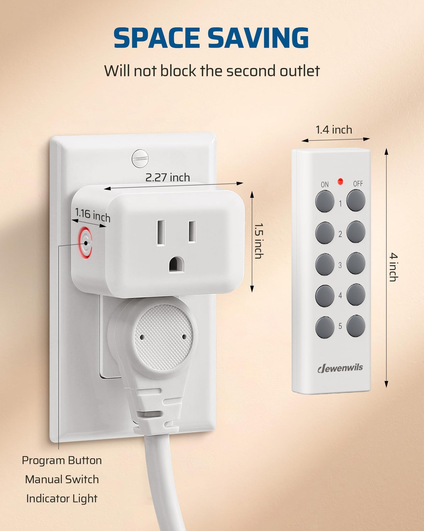 DEWENWILS Wireless Control Outlet for Christmas Decor, Programmable and Expandable Electrical Switch, 100FT Range, 125V/15A/1875W Light Switch, 2 Remote and 5 Outlets