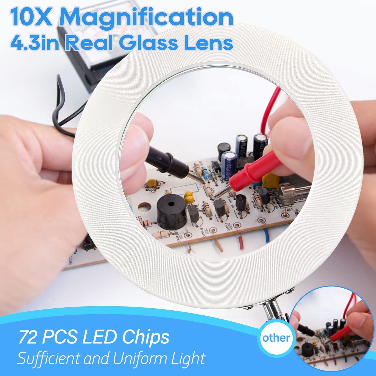 10X Magnifying Glass with Light, Adjustable Swing Arm 72 LEDs Real Glass Lens Magnifying Lamp, 3 Color Modes 10 Stepless Dimmable, Lighted Magnifier for Daily Reading Hobbies Crafts Workbench (White)