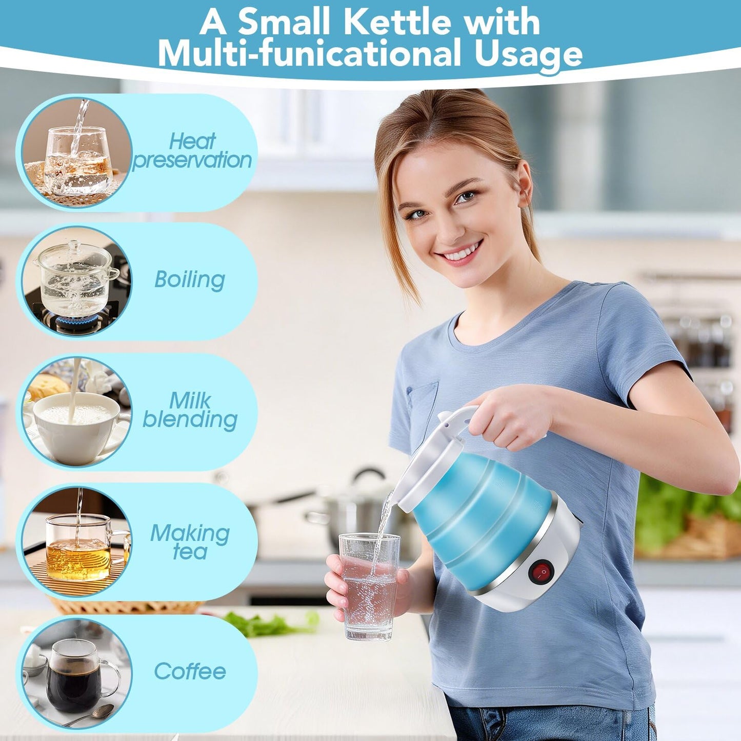 Travel Kettle Electric Small Foldable Portable Kettle,Silicone Collapsible Heating Water Boiler Tea Pot for Camping,Easy for Storage with Separable Power Cord (Blue pro)