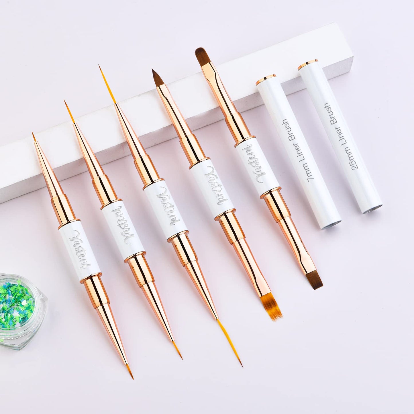 Yasterd Nail Art Brushes Set - Professional 5pcs Double-Ended Acrylic Nail Art Brushes Liner Detail Thin Brushes for Drawing Design Brushes Gel Builder Brushes 3D Nail Art Tools for Salon at Home DIY Manicure