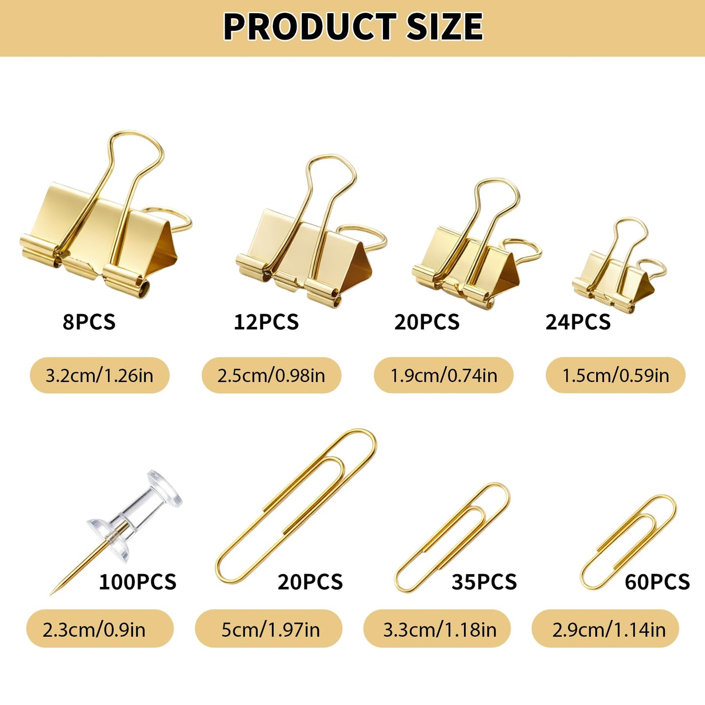 BESARME Gold Paper Clips and Binder Clips Set, 279 Pcs Gold Desk Accessories Assorted Office Essentials in Organizer Box for Office School Home Paper Sorting Note Pinning