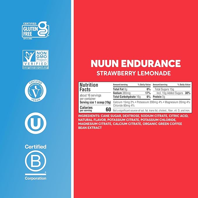 Nuun Hydration Endurance Powder, Strawberry Lemonade + Caffeine, Workout Support, 5 Essential Electrolytes for Hydration + Carbohydrates, Vegan, Non-GMO, (16 Servings - Canister)