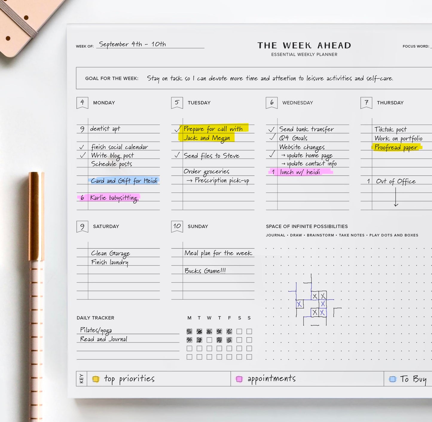 ThreeKin Essential Weekly Planner - 8.5"x11", 52 Tear-Off Sheets, Motivational Design, Goal Setting, Time Management, To-Do Lists, Productivity Organizer, Perfect for Home, Office, Students, Work