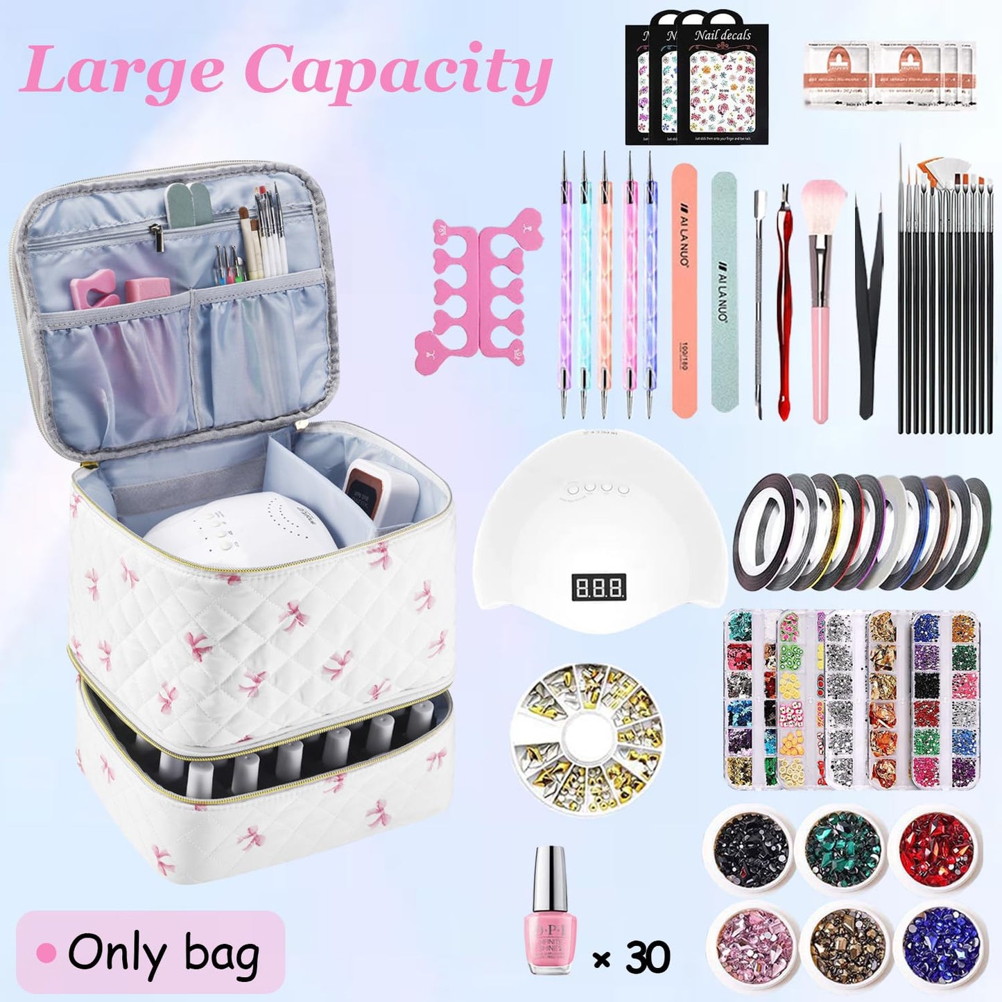 PU Leather Nail Polish Organizer and Nail Lamp Case, Nail Kit Organizer Holds 30+ Bottles (15ml - 0.5 fl.oz) and a Nail Lamp, Nail Polish Carrying Case with Manicure Tools Storage Sections (Pink Bow)