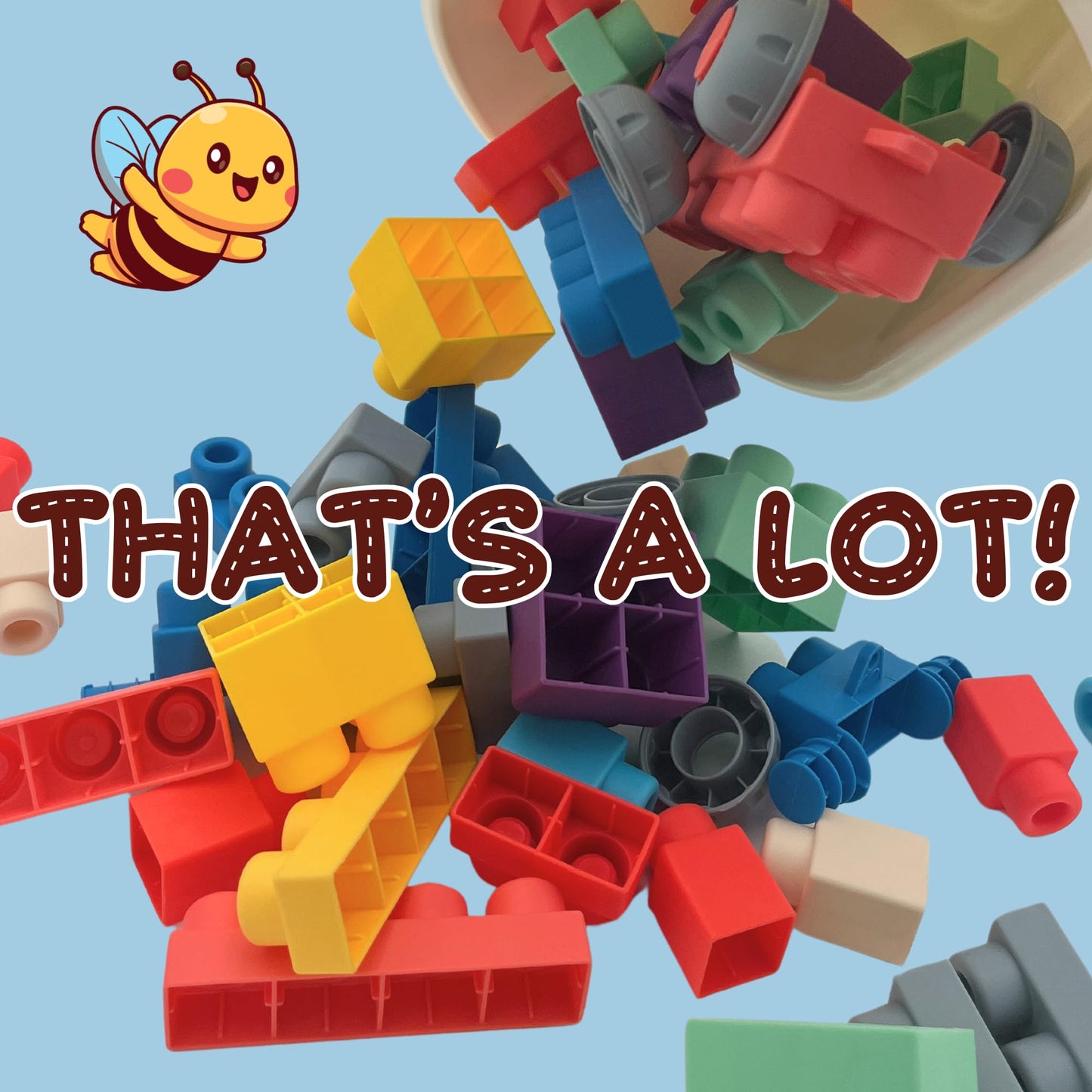 WaBee Baby Soft Rubber Building Blocks - 50 Pieces in Wheeled Bin Ages 12mo+ - Extra Large Chew-Safe Sensory Toys - STEM Learning Set - Not Compatible with Duplo/Mega