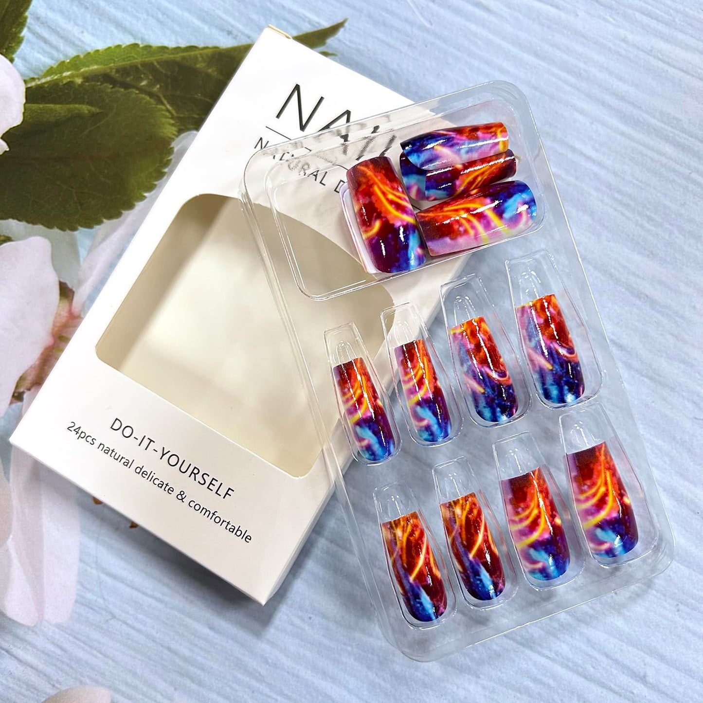 Press On Aurora Flame Stripe Red Blue Lightning Design Square False Nails - Artificial Full Cover Acrylic Coffin Reusable Glue on DIY Stick on Nails for Women - 24Pcs