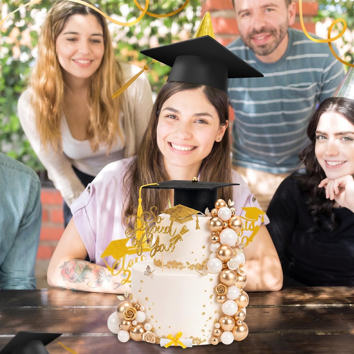 43 Pcs Graduation Cake Kit Included Felt Grad Cap with Tassel Grad Cake Topper Graduations Party Supplies So Proud of You Cupcake Topper for Congrats Senior High School College Party Decor(Gold White)