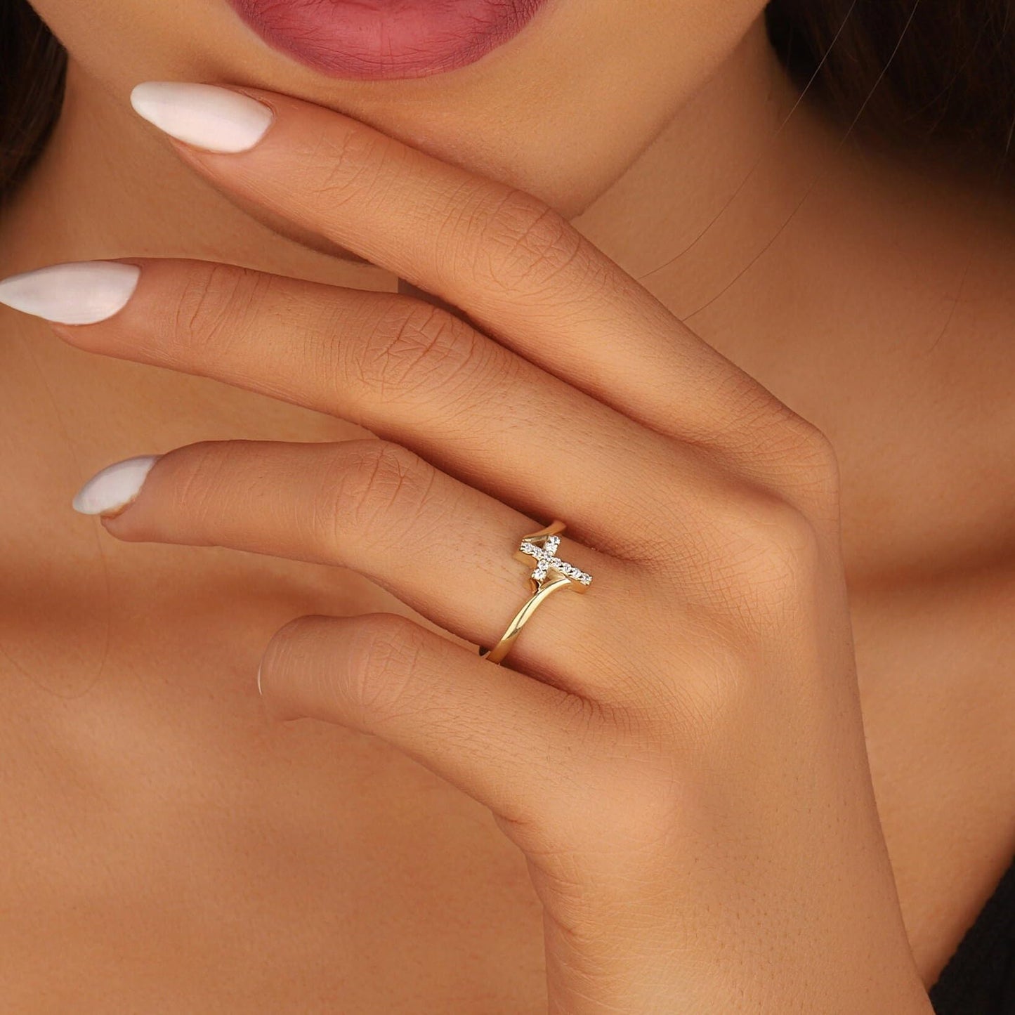 Punhem Gold Cross Statement Rings for Women 14K Gold Silver Tone Non Tarnish Cute Band High Polished Smooth Comfort Fit Size 5-10