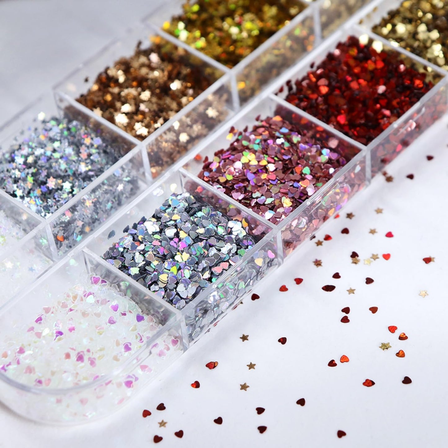 12 Boxes Valentines Laser Heart Nail Art Glitters Heart Star Nail Sequins Set, Valentines Romantic Love Nail Decor Accessories Mini 3D Love Nail Decals Holographic Glitters for Women Manicure