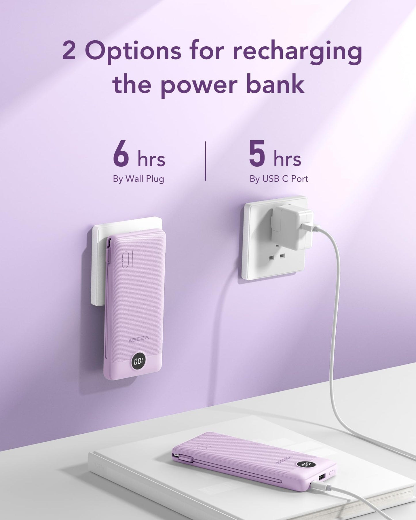 VEGER Portable Charger with Built-in AC Plug and Cables, All in One 10000mAh Ultra Slim Power Bank Travel Essentials, Fast Charging Battery Pack Compatible with iPhone, Samsung, Android (Purple)