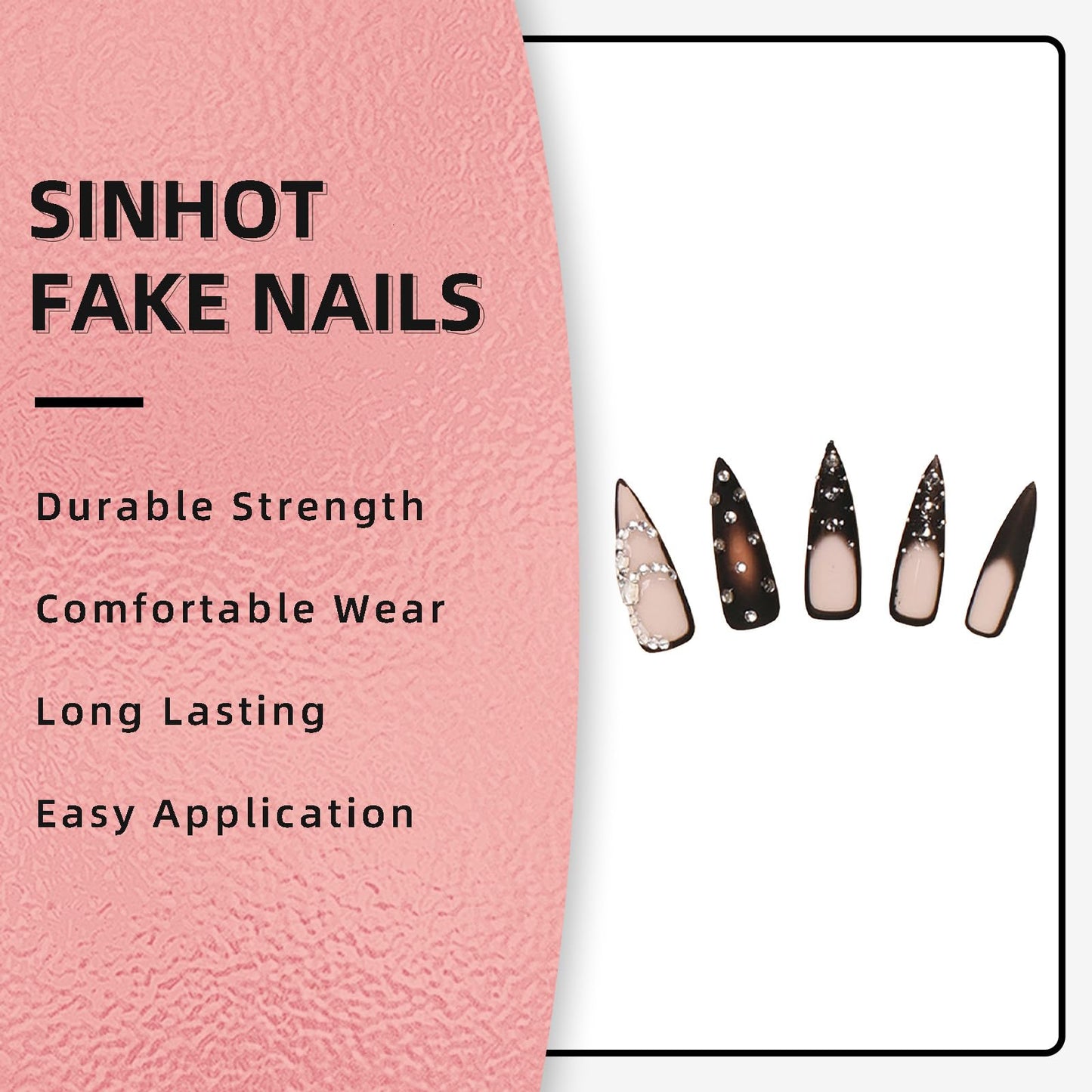 SINHOT Stiletto Press On Nails - Long, Matte & Glossy Black Ombre Acrylic Nails - Rhinestone Design, 24pcs