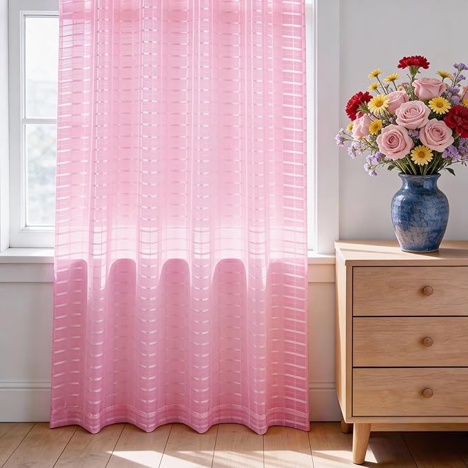 SpaceDresser Check Sheer Curtains 96 Inches 2 Panels Set, Rod Pocket Plaid Window Curtain for Living Room, Pink Semi Sheer Drapes for Kitchen Bedroom Children Room Yard（Pink, 52W x 96L）