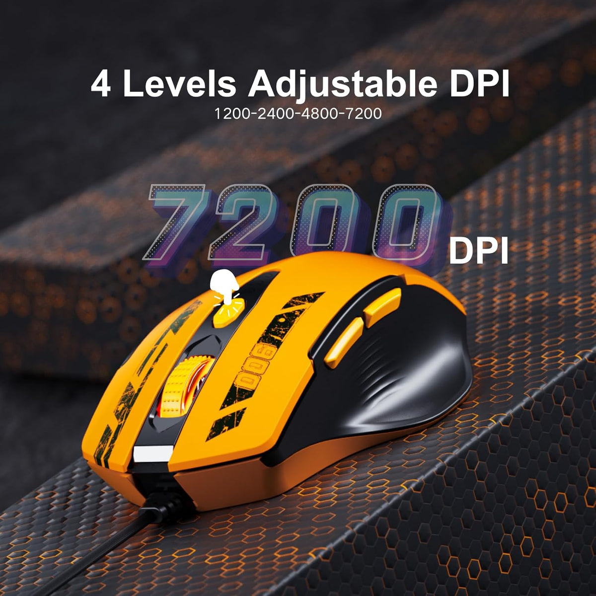 Wired Mouse, USB Mouse Wired with 6 Buttons Ergonomic Design,1.5M USB Cable Computer Mice 7200DPI Mice for PC Laptop, Yellow