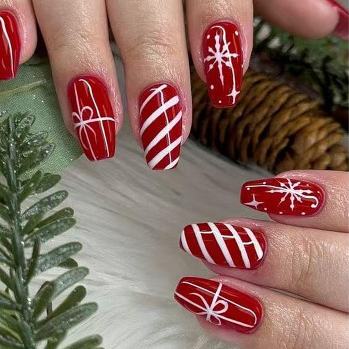 IMSOHOT Press on Nails Long Coffin Fake Nails with White Snowflake Designs Red False Nails Acrylic Full Cover Stick on Nail for Women 24Pcs