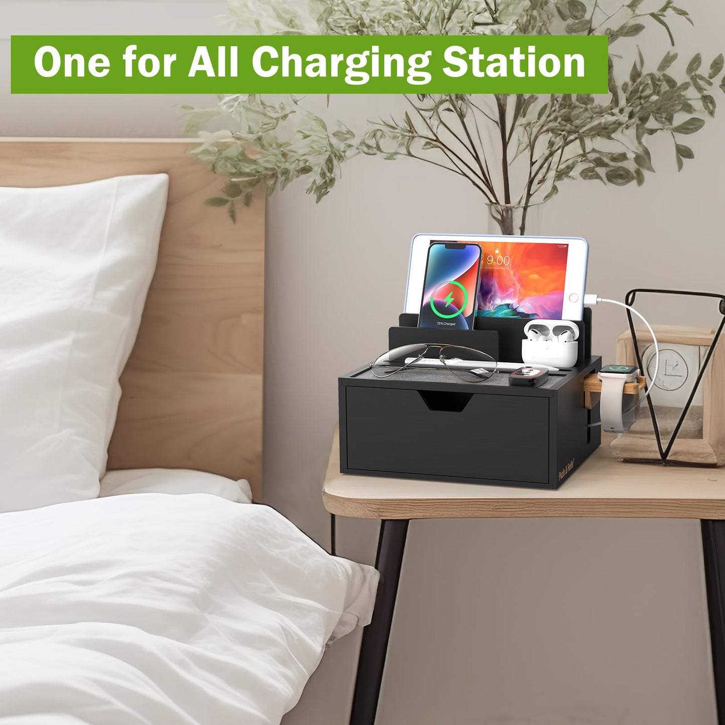 Pezin & Hulin Bamboo Charging Station for Multi Device with 5 USB Charger HUB, Phone Docking Station with Lined Tray & Drawer(Include 5 Charger Cables)-Black