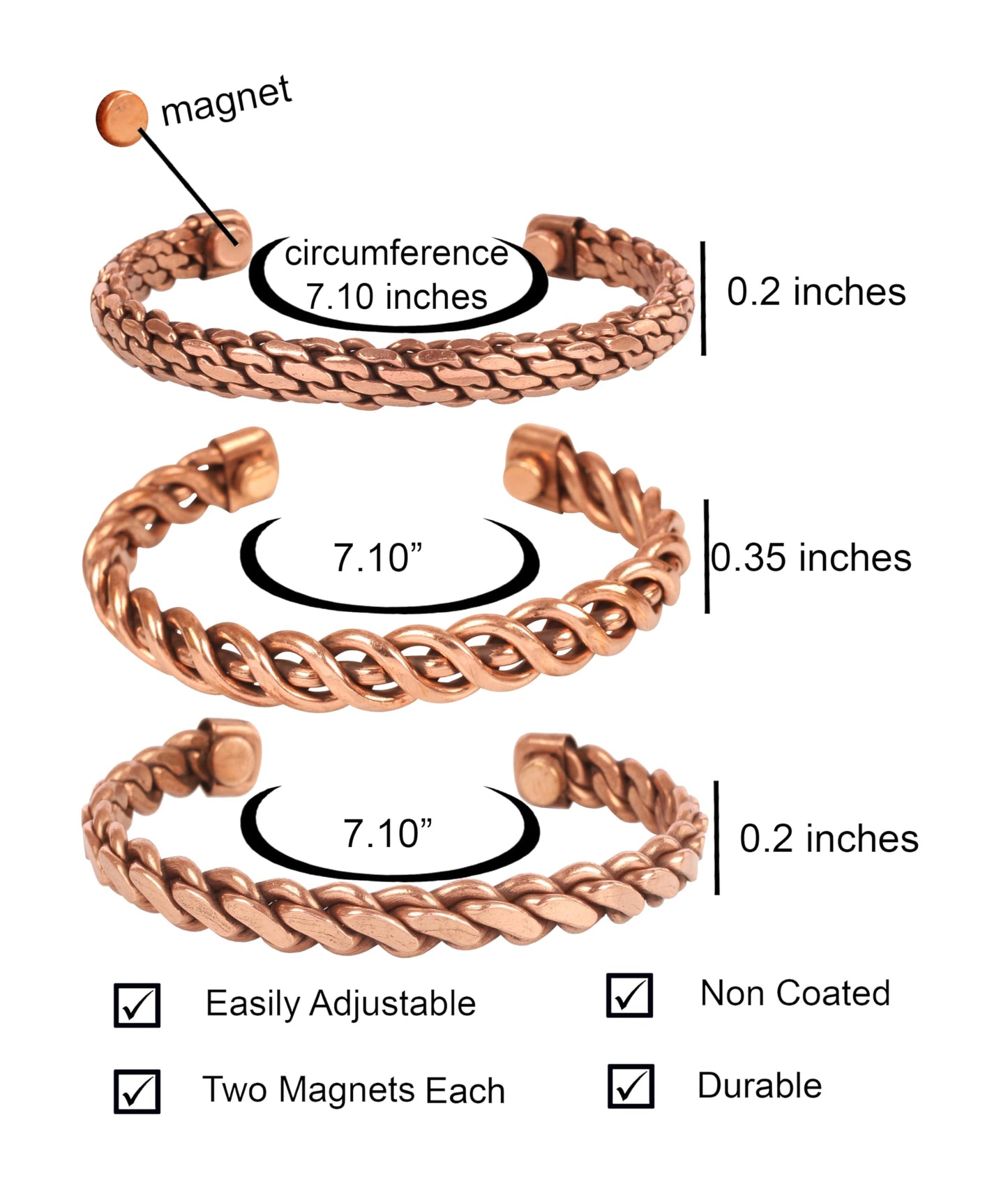 Touchstone copper bracelets | gift for men women |adjustable 100% pure solid real magnetic jewelry | handmade bracelet set combo | rope braided tibetan bangles. Set of 3 different designs