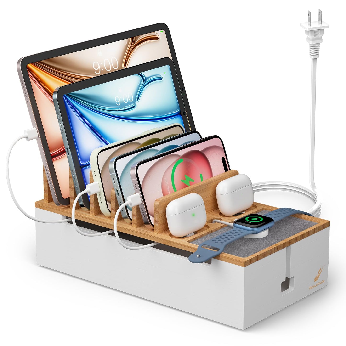 Pezin Hulin Multi Devices Charging Station, with USB Power Adapter HUB, and 6 Wire Cables - Cord Organizer Management, Cell Phone Charger Dock Stand, Desktop Cord Hider Box - Natural +White
